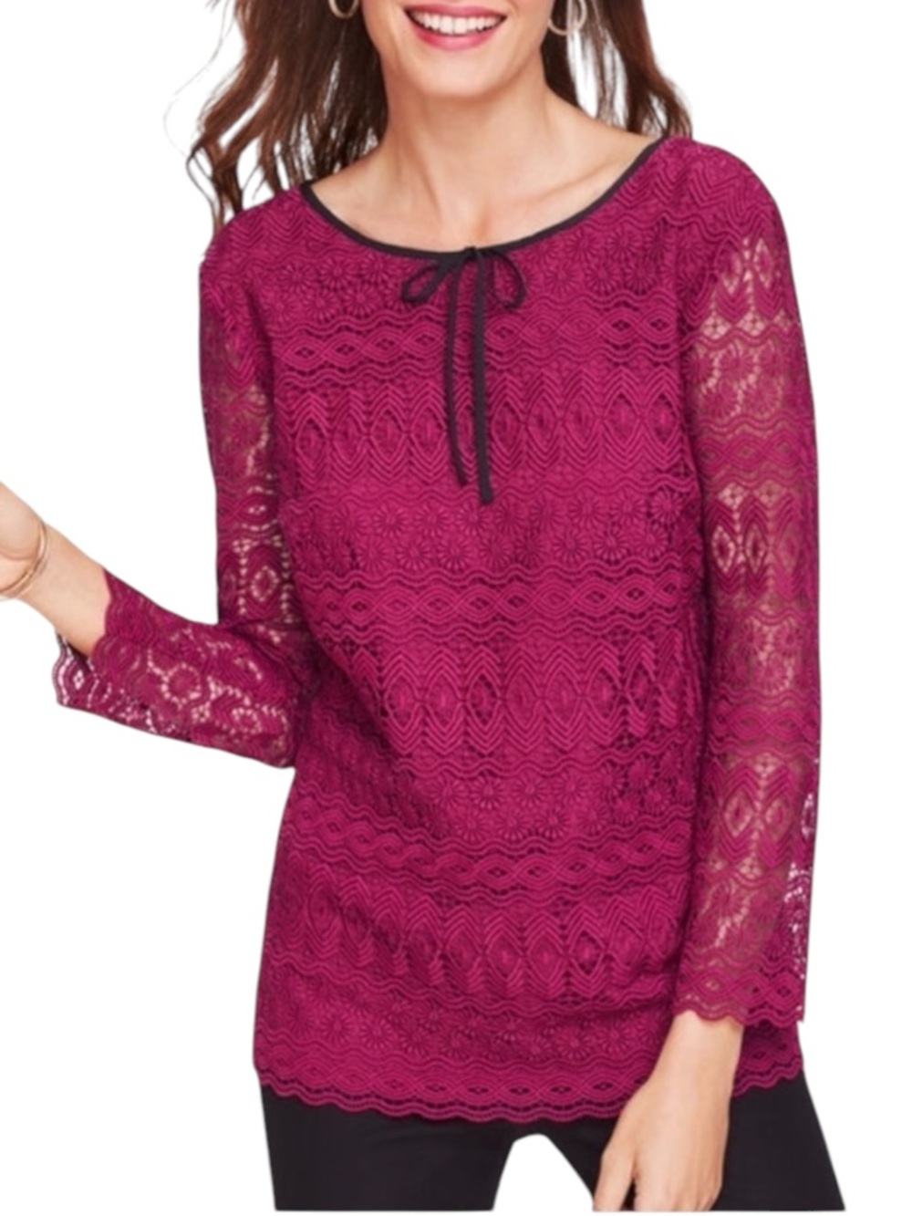TALBOTS Detailed Lace Top w/ 3/4 Sleeves Crew Neck in Mulberry Size Medium